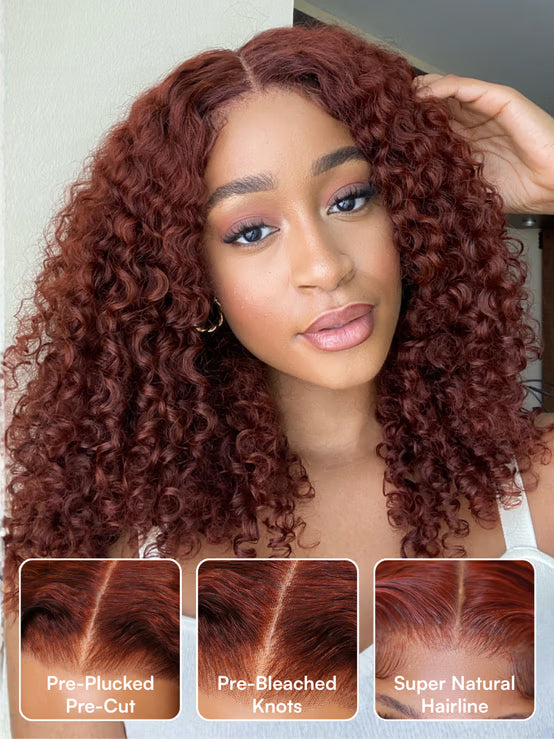 Extra 50% Off Code HALF50  | Klaiyi Jerry Curly Auburn Copper Color Put On and Go Glueless Lace Wig
