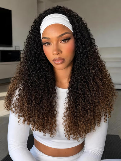 Klaiyi Ombre Chestnut Brown Burmese Curly 2-in-1 Headband Wig  Glueless Human Hair Wig with Invisi Drawstring