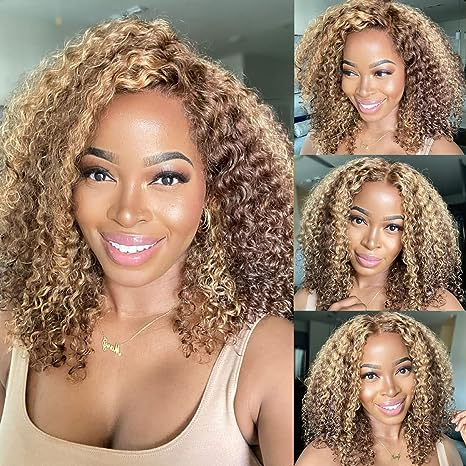 Klaiyi Honey Blonde Highlights Kinky Curly Cut BOB Wig 13x4  Lace Front Wigs Human Hair Flash Sale