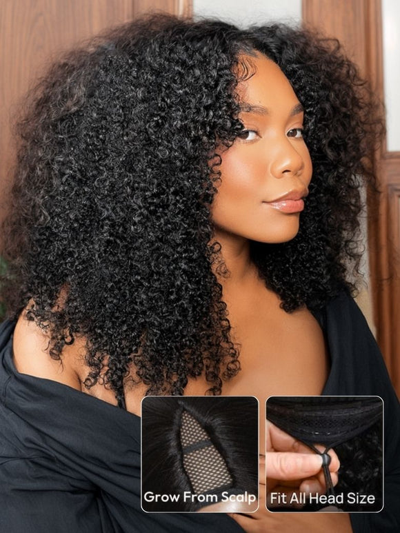 Klaiyi Kinky Curly V Part Wig Virgin Human Hair Real Scalp Great Protective Beginner Friendly Wig Flash Sale