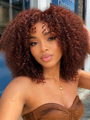 Klaiyi Reddish Brown Jerry Curly 7x5 Bye Bye Knots Human Hair Wig Put On and Go Glueless Lace Wig