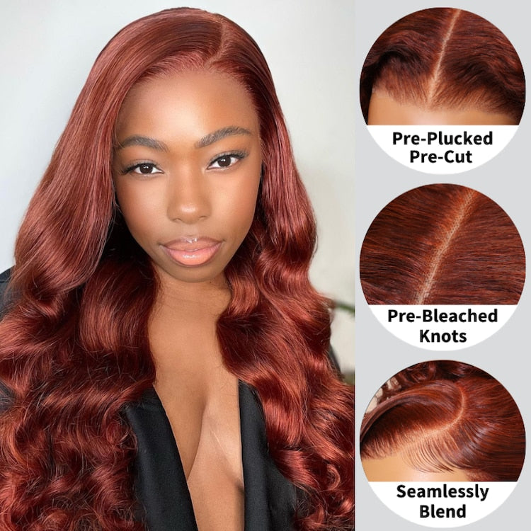 Klaiyi Reddish Brown 7x5  Pre Everything Put On and Go Glueless Lace Wig Body Wave Wigs Human Hair