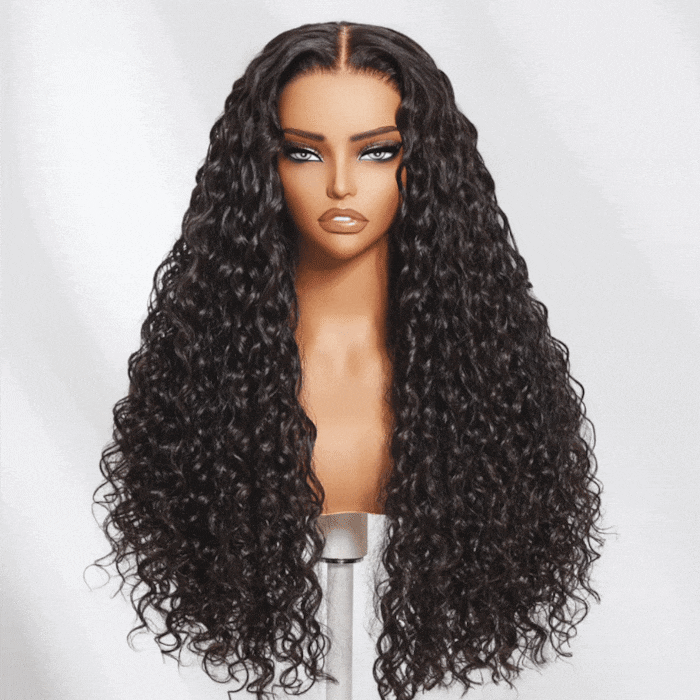 Klaiyi Water Wave 7x5 Bye Bye Knots Wig Put On and Go Glueless Human Hair Wigs Natural Black Color