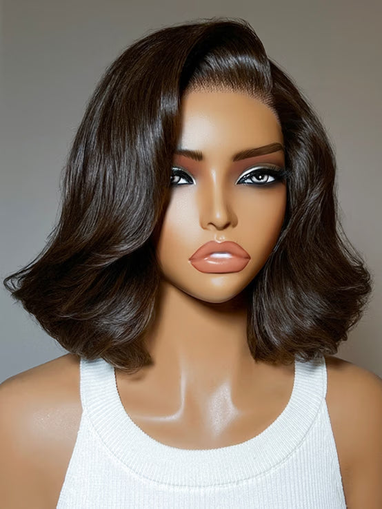 Klaiyi 7×5 Glueless Lace Rich Warm Auburn Brown Effortless Layered Blowout Bob Wig with Invisi Drawstring