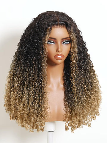 Klaiyi 7x5 No Slip Glueless Lace Human Hair Wig Dark Root Honey Blonde Ombre Burmese Curly with Finger Coil Ends Wig