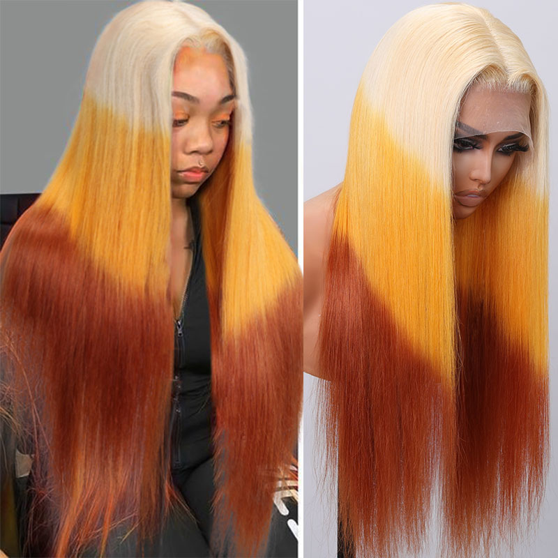 Klaiyi 3 Tone 613 Orange brown Ombre Color Multi color Reverse blonde orange and brown ombre Straight Wig