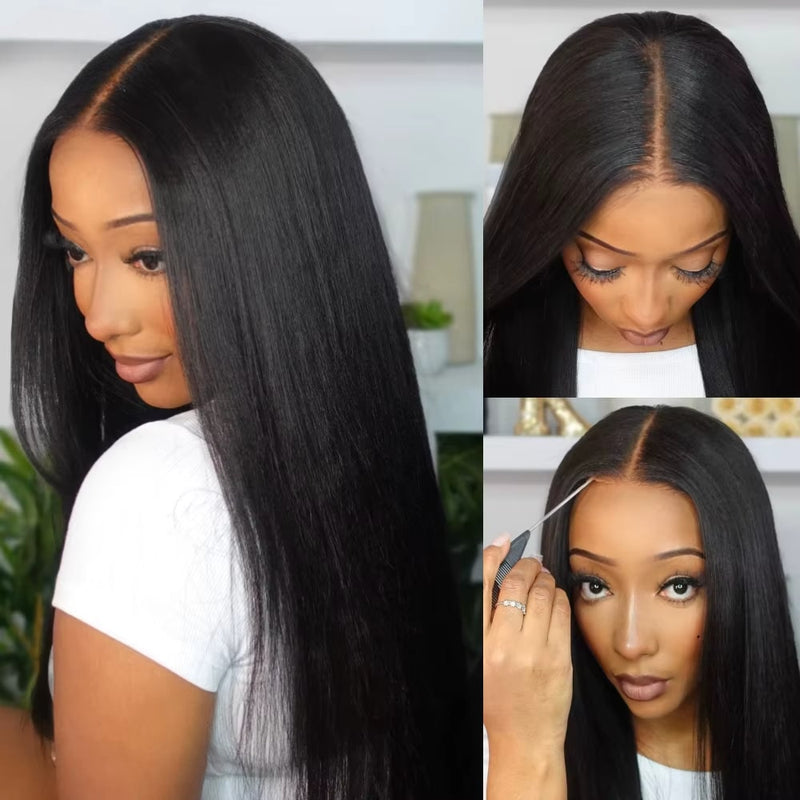 Klaiyi Yaki Straight Put On and Go Glueless Lace Wigs 7x5 Bye Bye Knots Pre-cut Human Hair Lace Wig Kinky Straight