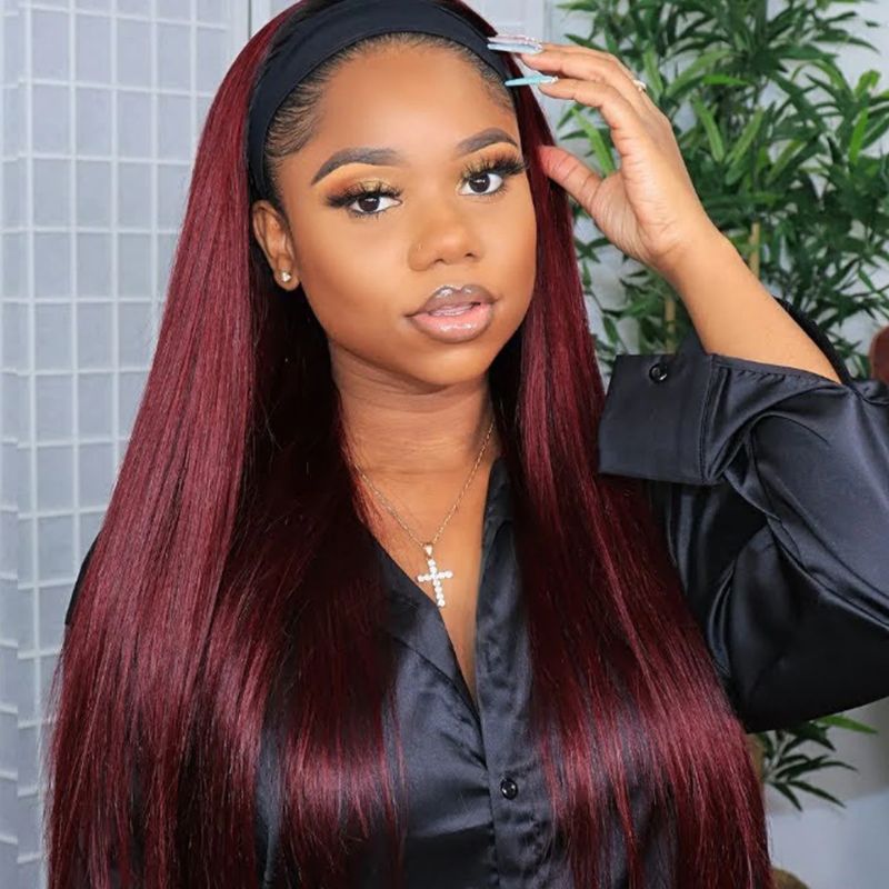 Klaiyi Dark Root 1B99J Burgundy Red Color Natural Yaki Straight Glueless Headband Wigs - Clearance Flash Sale