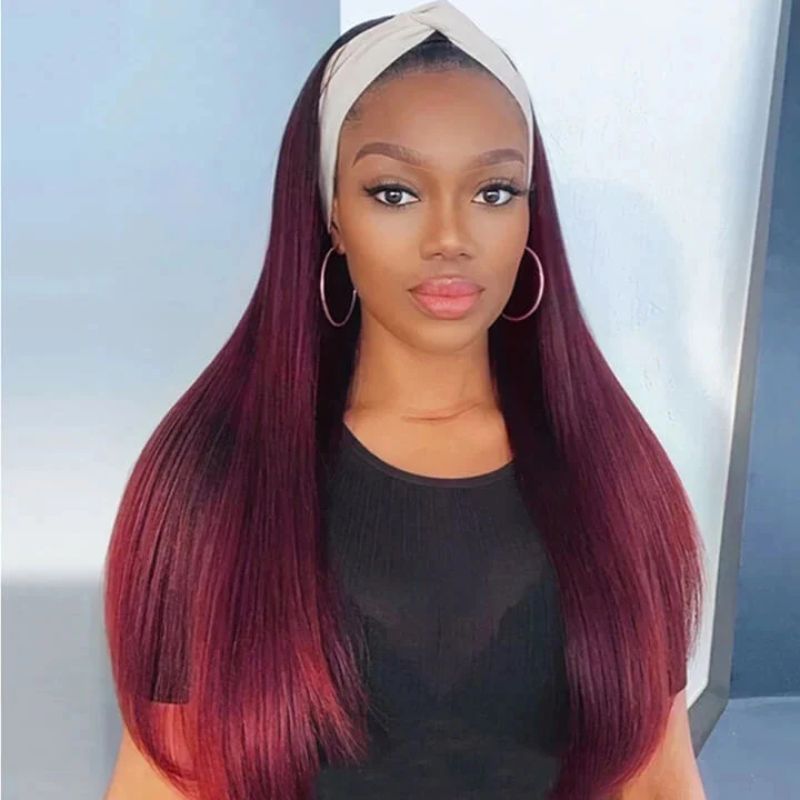 Klaiyi Dark Root 1B99J Burgundy Red Color Natural Yaki Straight Glueless Headband Wigs - Clearance Flash Sale