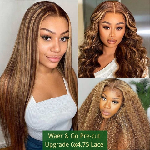 Klaiyi Put On and Go Pre Cut Lace Wig 6x4.75 Lace Closure Honey Blonde Highlight  Body Wave Or Jerry Curl Or Straight Flash Sale