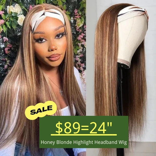 Klaiyi Headband Wig Blonde Highlight Piano Color Straight Human Hair Wigs With Pre-attached Scarf Flash Sale