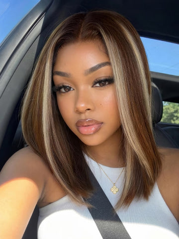 Klaiyi 7x5 No-Slip Lace Closure Glueless Wig Brown With Blonde Face-Framing Highlights Bob Human Hair Wig