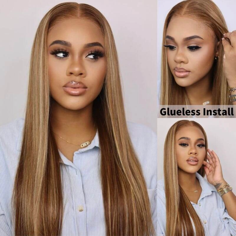 Klaiyi 7x5 Pre-cut Glueless Wig Wear Go Honey Blonde Highlights Root Bleach Knots Wig Human Hair