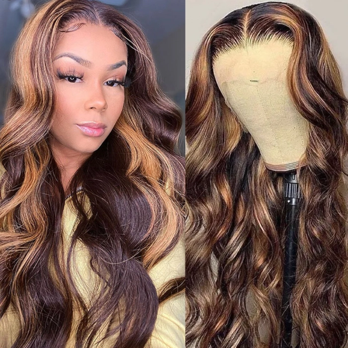 Low to $79 Deal |Klaiyi Dark Root Brown Balayage Highlight Body Wave/Jerry Curly Lace Front Wig Flash Sale