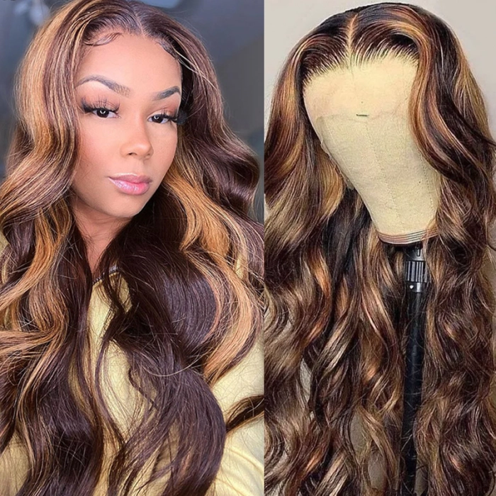 Klaiyi Dark Root Brown Balayage Highlight Body Wave T Part Lace Wig Flash Sale