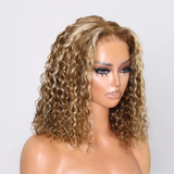 Klaiyi Honey Blonde Highlights Water Wave BOB Wig 6x4.75  Pre-cut Lace Put On and Go Wigs Flash Sale