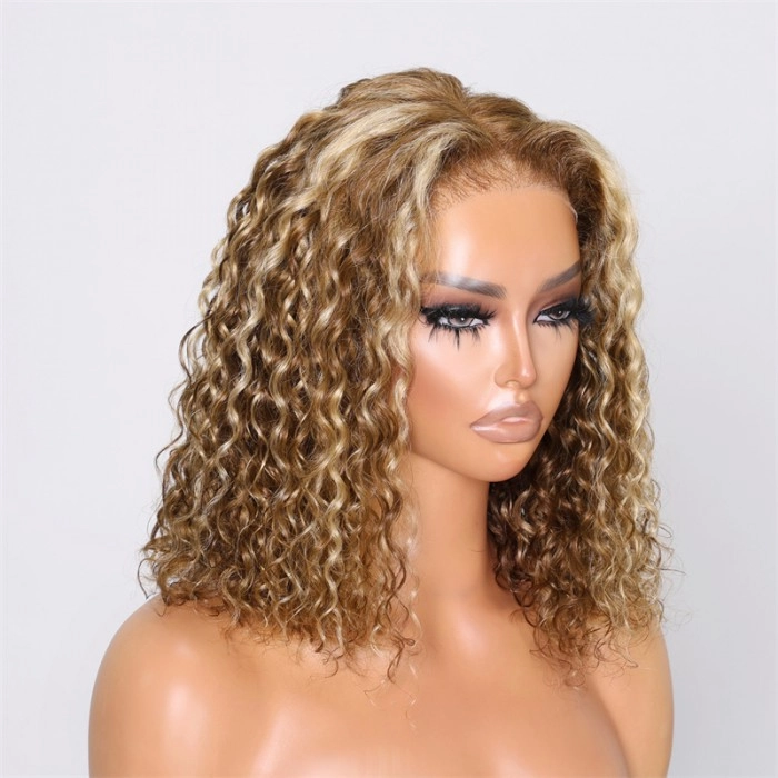 First Wig | Klaiyi Honey Blonde Highlight Water Wave Bob Wig 7x5 Bye Bye Knots Glueless Put On and Go Wigs Flash Sale