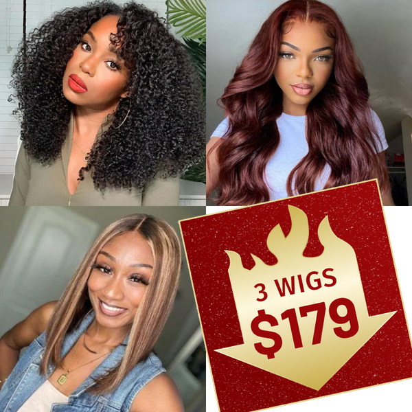 $179 Get 3 Wigs | 180% Density 4x4x0.75 Lace Part Honey Blonde Highlight Bob Wig + 13x5x0.75 T Part Lace Reddish Brown Body Wave Wig + 180% Density Kinky Curly Wigs Right Side U Part Wigs  Flash Sale