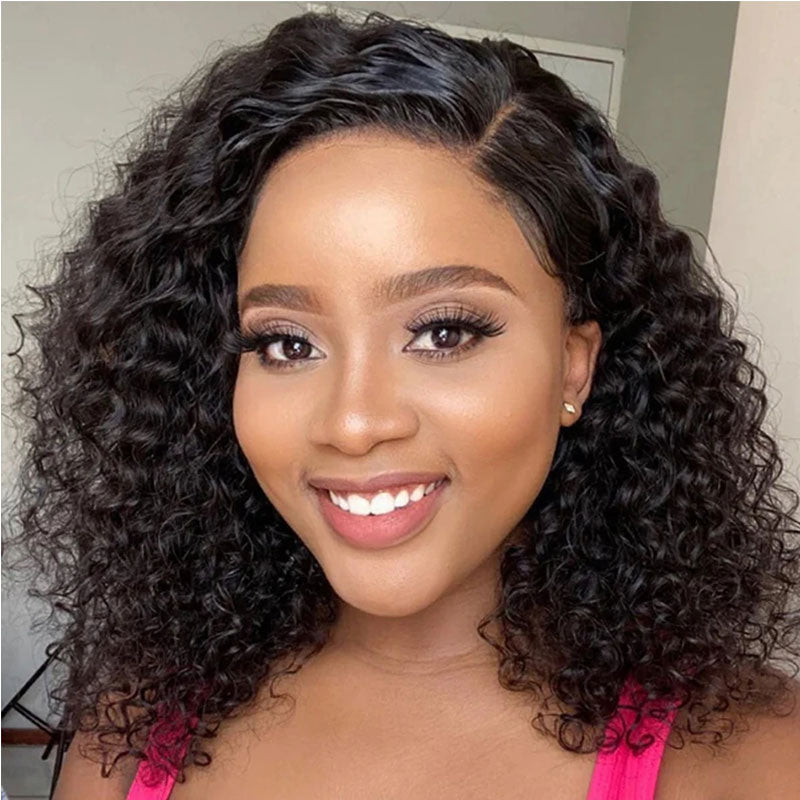 $100 OFF| Code: SAVE100  Klaiyi Side Deep Part Short Bob Curly Wig 7X5 Bye Bye Knots Lace Closure Wigs