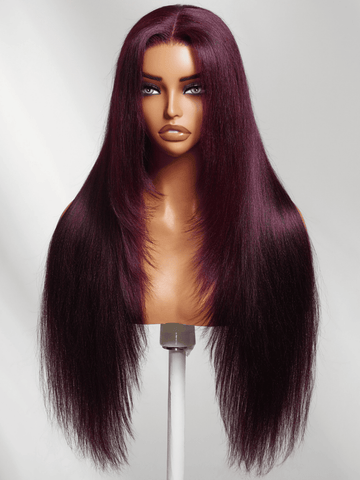 Klaiyi Purple Black Cherry Yaki Straight Wig 13x4 Pre-Everything Lace Frontal Human Hair Wig with Face-Framing Layers