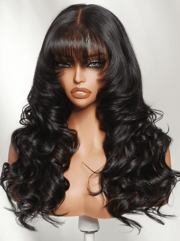 Klaiyi 7x5 No-Slip Glueless Lace Wig Natural Black Soft Blowout Loose Wave with Layered Cut & Wispy Bangs