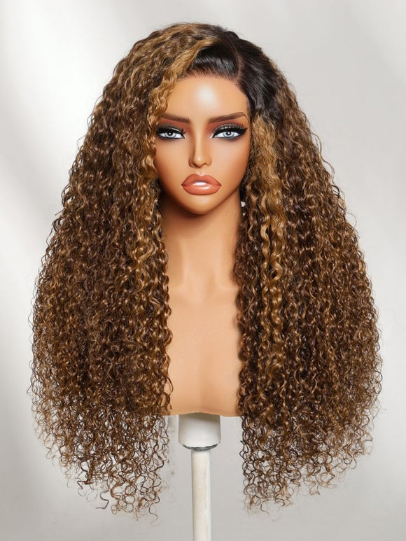 Klaiyi Sun-Kissed Brown Curly Wig with Honey Caramel Highlights 13x4 Glueless Lace Frontal Wig Put On & Go with Invisi Drawstring