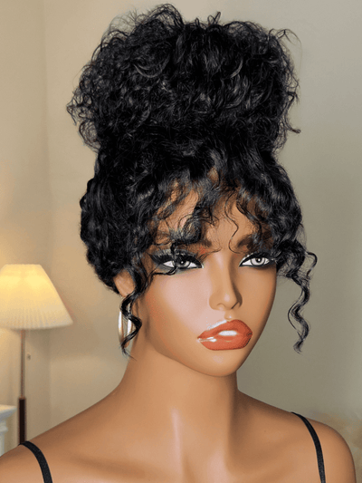 Klaiyi T-Part Shaggy Curly Wig with Bangs Natural Black Afro Curls with Drawstring Glueless Beginner-Friendly