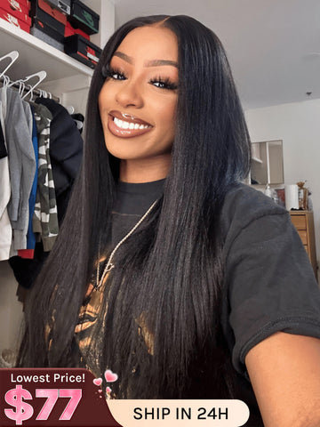 Klaiyi New EasiContour™ Yaki Straight V Part Wig Meets Real Scalp Ready To Wear Glueless Wig with  Invisi Drawstring