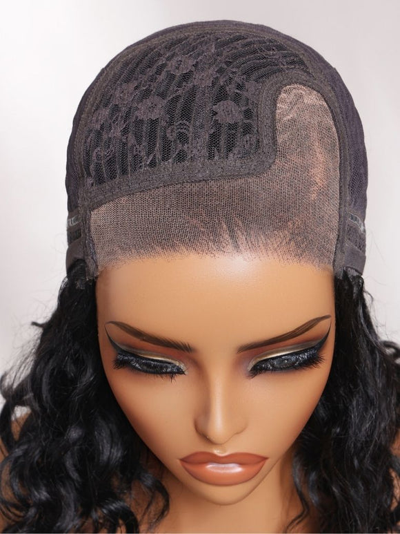 Klaiyi 6x4 Lace Closure Ready to Go Water Wave Short Wavy Bob Wig Glueless Minimalist Lace Wig 220% Density