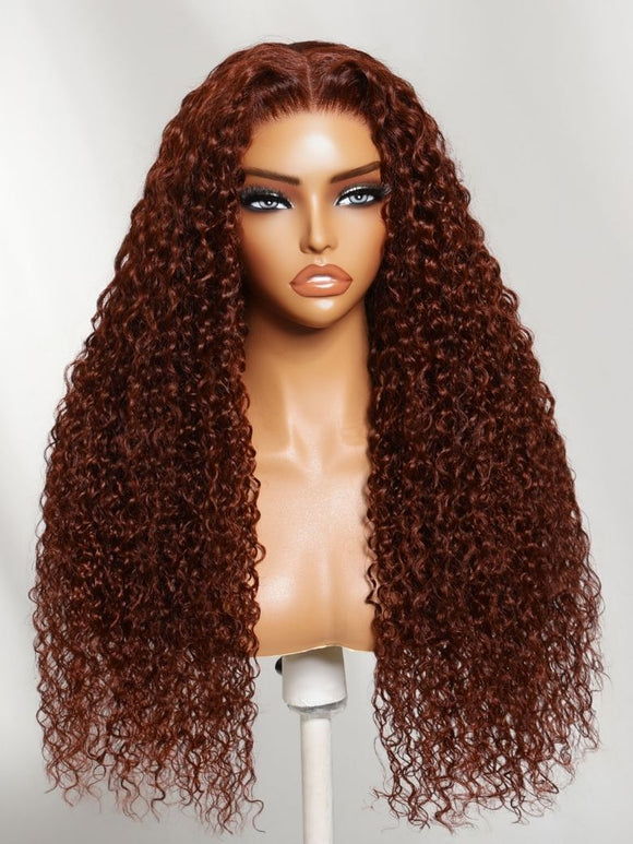 Perruque Klaiyi Afro Kinky Curly Reddish Brown, densité 180%, 13x4, pré-assemblée avec une frontale invisible et un cordon de serrage, sans colle. 