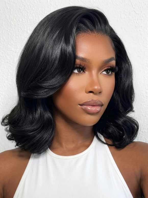 Klaiyi 7x5 No-Slip Glueless Lace Wig Short Glam Blowout Flip Bob 180% Density Put On & Go Human Hair Wig