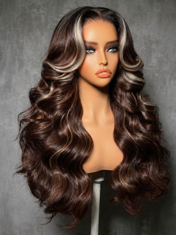Perruque Klaiyi Ombre Brown Balayage Highlight Body Wave 7x5 Bye Bye Knots, précolorée, sans colle, en cheveux humains et dentelle. 