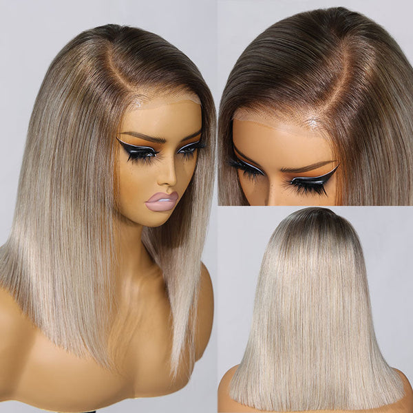 Klaiyi Ombre Ash Blonde Straight Bob Wig Bye-Bye Knots Wig 7x5 Pre Cut Lace Wig With Dark Roots Flash Sale