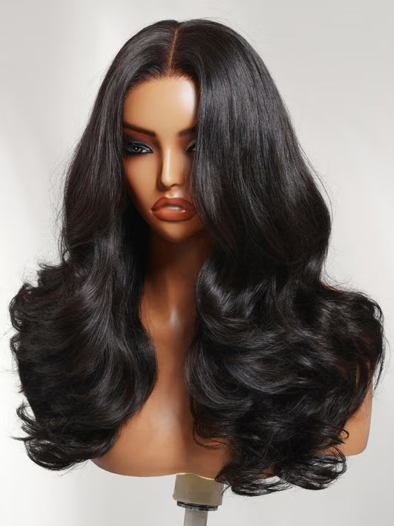 Klaiyi 7x5 No-Slip Glueless Lace Wig Blowout Body Wave Layered Human Hair Wig with Flipped Ends 180% Density