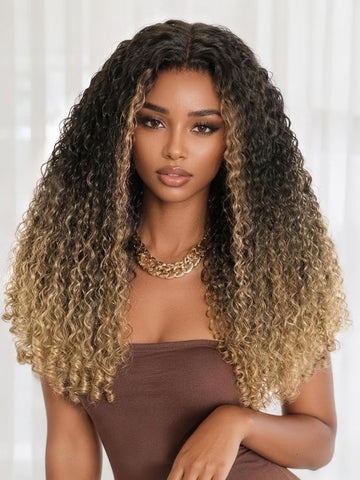 Klaiyi 7x5 No Slip Glueless Lace Human Hair Wig Dark Root Honey Blonde Ombre Burmese Curly with Finger Coil Ends Wig