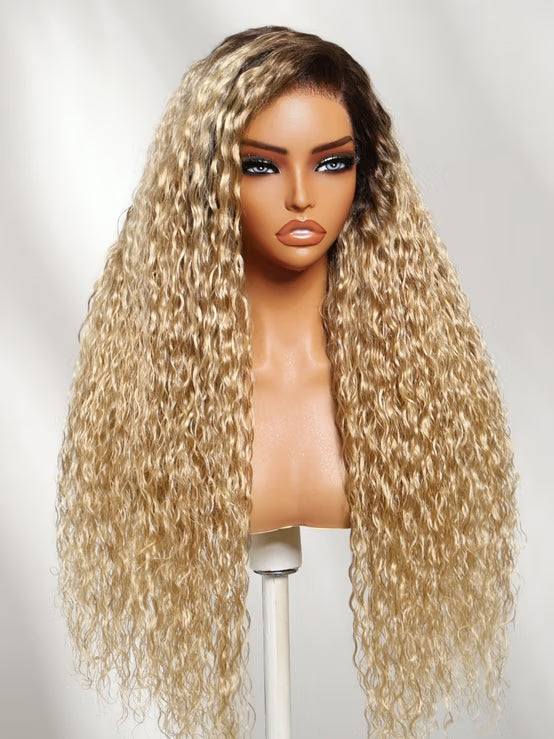 Klaiyi 13x4 No-Slip Glueless Lace Frontal Wig Golden Blonde With Dark Roots Water Wave Human Hair Wigs with Invisi Drawstring