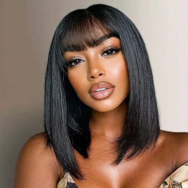 Klaiyi Straight Bob Wig With Blunt Cut Bangs Glueless Human Hair Wig Flash Sale