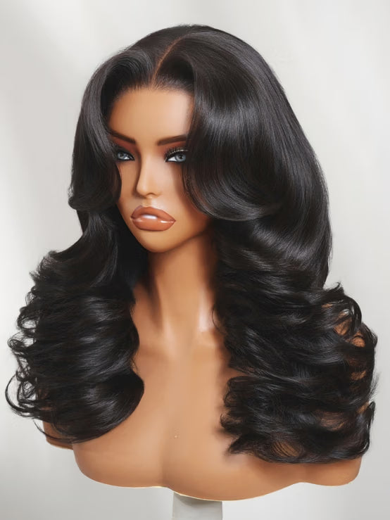 Klaiyi 7x5 No Slip Glueless Lace Bmbshell Blowout Loose Wave Layered Wig Face-framing Feathered Layers Human Hair 200% Density