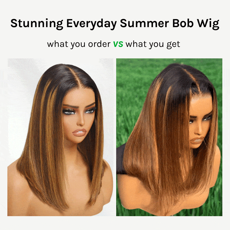 Klaiyi Honey Brown Piano Highlight Bob Wig with Dark Roots 7x5 Bye-Bye Knots Wig Flash Sale