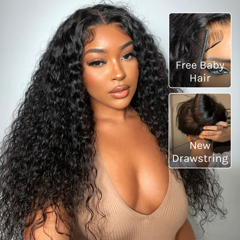 Klaiyi Water Wave 7x5 Bye Bye Knots Wig Put On and Go Glueless Human Hair Wigs Natural Black Color
