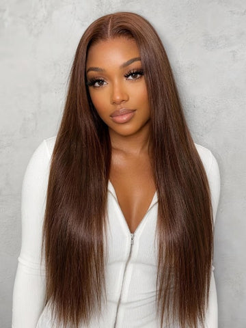 Klaiyi 7x5 No Slip Glueless Wig Silky Straight Warm Chestnut Brown Highlights Put On& Go Human Hair Wig