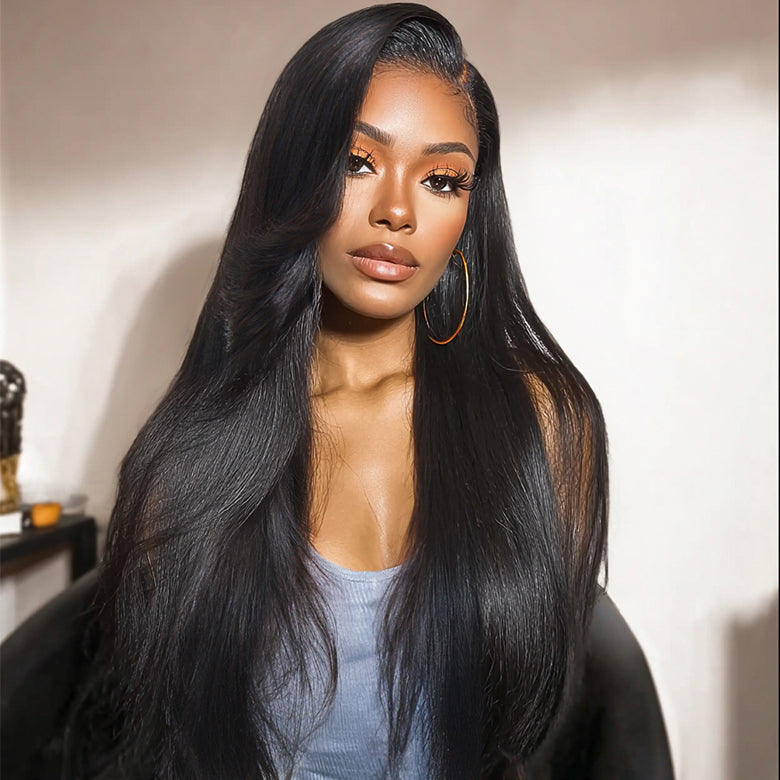 Klaiyi 13x4 Pre-Everything Long Sleek Side Part Straight Wig with Layered Curtain Bangs Put on and Go Glueless Lace Front Wig