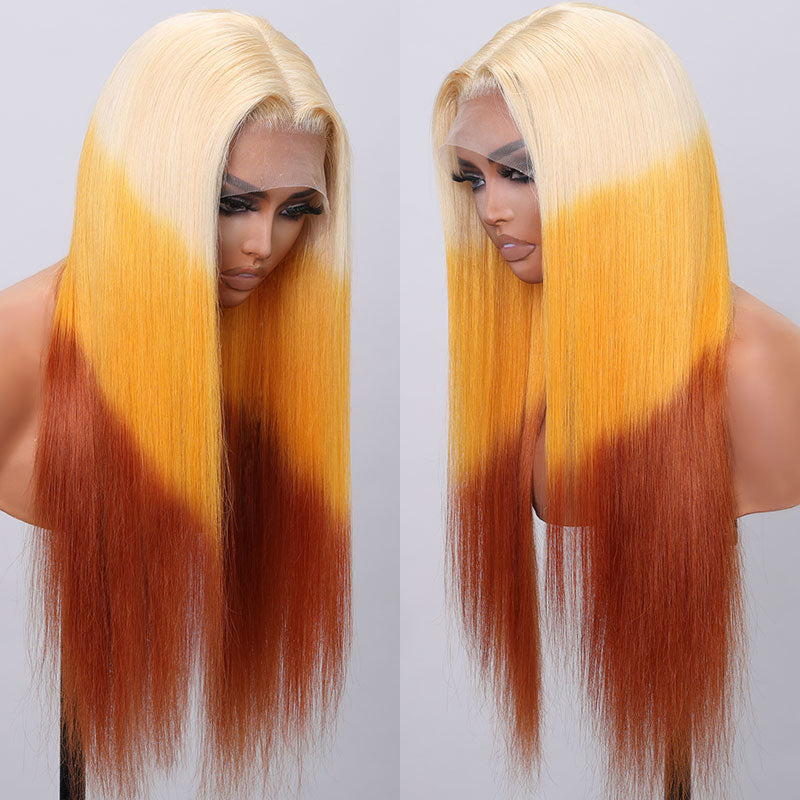 Klaiyi 3 Tone 613 Orange brown Ombre Color Multi color Reverse blonde orange and brown ombre Straight Wig