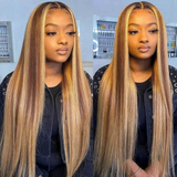 Klaiyi 7x5 Pre-cut Glueless Wig Wear Go Honey Blonde Highlights Root Bleach Knots Wig Human Hair