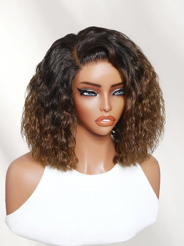 Klaiyi 6x4 Lace Closure Chestnut Brown Ombre Side Part Water Wave Bob Human Hair
