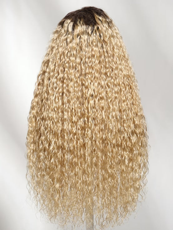 Klaiyi 13x4 No-Slip Glueless Lace Frontal Wig Golden Blonde With Dark Roots Water Wave Human Hair Wigs with Invisi Drawstring