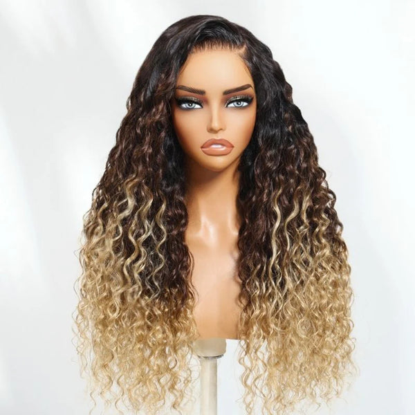 Flash Sale Klaiyi 7x5 Pre Cut 1B/4/27 Ombre Brown to Blonde Water Wave Wig With Dark Roots Lace Wig With Invisi Drawstring