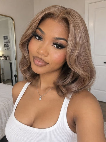 Flash Sale Klaiyi 7x5 No Slip Lace Wig Chic Smoky Beige Blonde Bob Human Hair Wig with Face Framing Layers