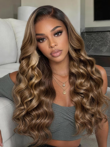 Klaiyi 7x5 No-Slip Glueless Lace Closure Wig Ash Blonde Balayage Highlight Body Wave Human Hair Wig
