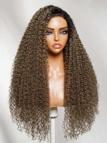 Klaiyi 7x5 No Slip Glueless Lace Wig Effortless Muted Ash Brown With Dark Roots Jerry Curly Wig with Drawstring
